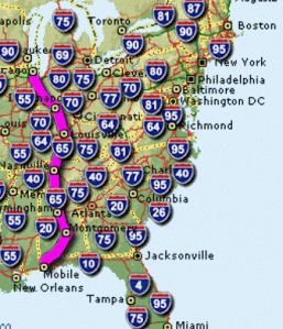 Map Highlighting Interstate 65